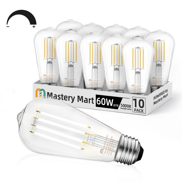 MASTERY MART 10 Pack Vintage LED Edison Bulbs, E26 Led Bulb 5.5W Equivalent to 60W, Dimmable, 5000K Daylight White, High Brightness ST58 Antique LED Filament Bulbs, Clear Glass