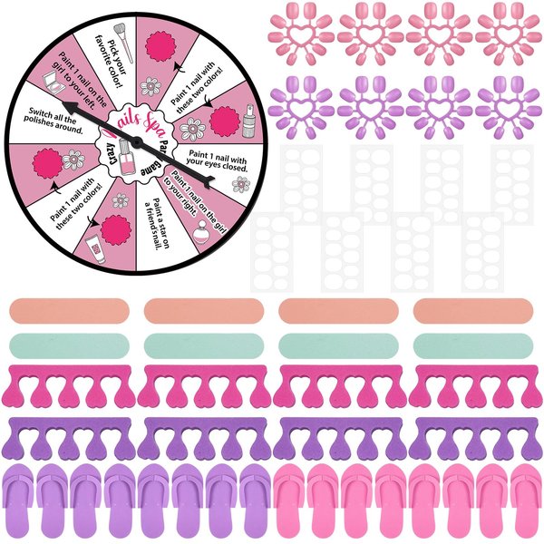 VercanMonth 8 Set Spa Party Supplies Include Nail Kits for Girls Spa Party Nail Game Spinner Disposable Slippers Nail Files for Spa Themed Birthday Party Favors Sleepover Party Slumber Party