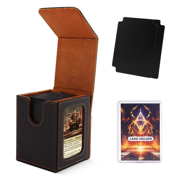 Scimi MTG Deck Box for Commander Display,Card Deck Box Fits 100 Double Sleeved Cards, Magic Commander TCG Card Leather Storage Box with 2 Dividers and 1 Toploader (Black/Golden)