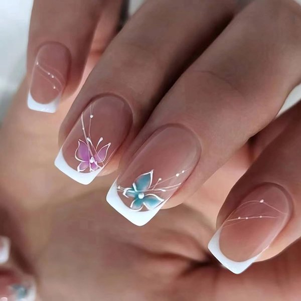 ANDGING French Tip Press on Nails Short Medium Square White Glue on Nails with Butterfly Design Acrylic Fake Nails for Wedding False Nails Women Girls Gel Manicure Stick on Nail with Glue FSD88AL
