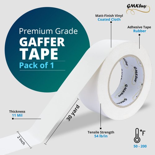 GMKbuy 2 in x 30 Yd White Gaffers Tape – Heavy Duty, Non-Reflective, Easy to Tear, Waterproof Matte Gaffer Stage Tape – Gaff Cloth Tape for Photography, Filming Backdrop & Production
