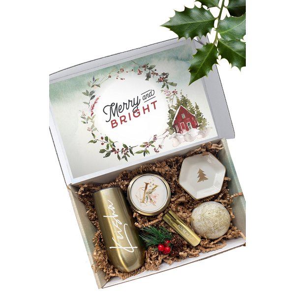 Spa Christmas Gift Set for Her, Personalized Holiday Gift Basket for Women, Coworker Xmas Present for Mom, Sister, Friend, Wife, Aunt, BFF (2 - ADD Bath Bomb, Gold 6oz Tumbler)