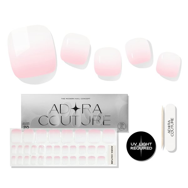 Adora Couture Semi Cured Gel Nail Strips Pedicure Stickers | 32pcs Glossy Toe Nail Stickers | Gel Nail Pedi Strips | Gel Nail Wraps Semi Cured | Salon Nails at Home - Requires UV Light (Pink White P)
