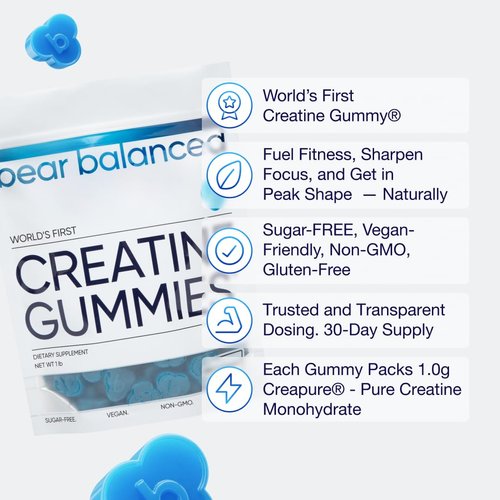 Bear Balanced Creatine Gummies for Men & Women - Creapure® Creatine Monohydrate, L-Theanine, L-Tyrosine & B12 for Muscle Growth, Strength, Focus, Energy & Health - Low Calorie, Sugar-Free, & Vegan
