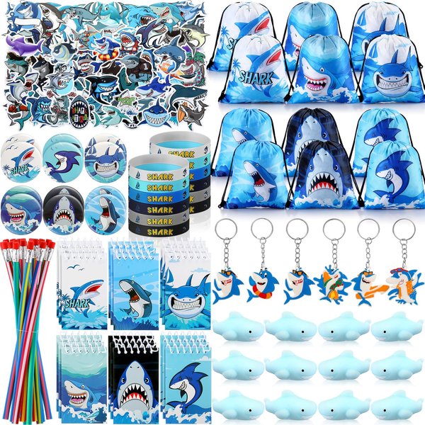 Qilery 140 Pcs Shark Party Favors Shark Birthday Party Favors Shark Bracelet Drawstring Bags Keychains Badge Sticker Notebook Bendable Pencil Shark Stress Relief Toy for Ocean Theme Decorations