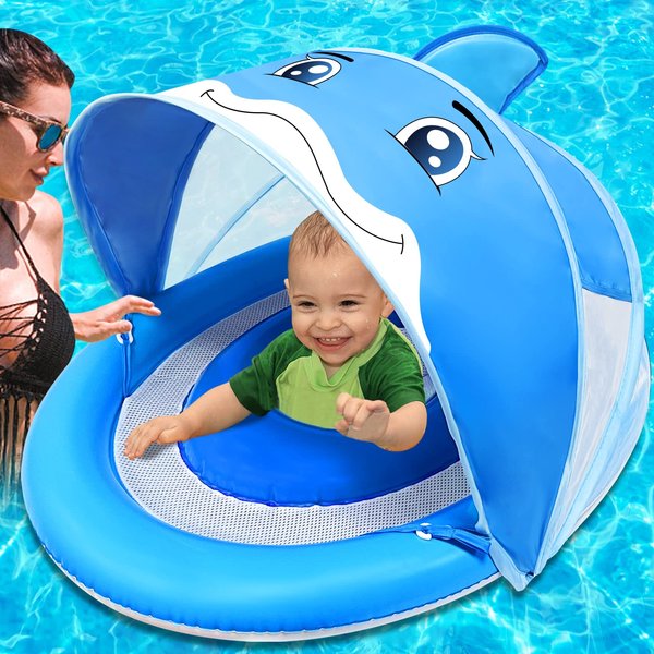 AMENON Dolphin Baby Swimming Pool Float Ring with Adjustable Removable Canopy UPF50+ Sun Protection Never Flip Over Safety Seat Inflatable Baby Spring Floatie Swim Trainer Infant Toddler, 6-36 Months