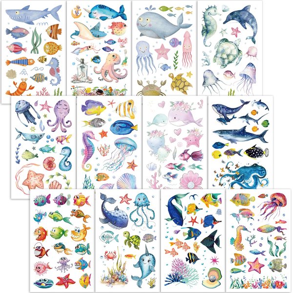 Qpout Ocean Animals Temporary Tattoos for Kids, Sea Life Fake Tattoos for Kids Party Favors, Dolphin Shark Octopus Fish Starfish Tattoo Stickers, Baby Shower Boys Girls Birthday Gifts Bags Filler