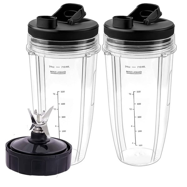 Blender Replacement Parts for Ni.nja -24oz Cups with 2 Spout lids,7 Fins Blender Blade,Perfect for N.utri Nin.ja Auto iQ (BL450-30/BL480-30/BL487 - BL492/CT680/BL642-30 /BL680A /NN100) Series,BN801
