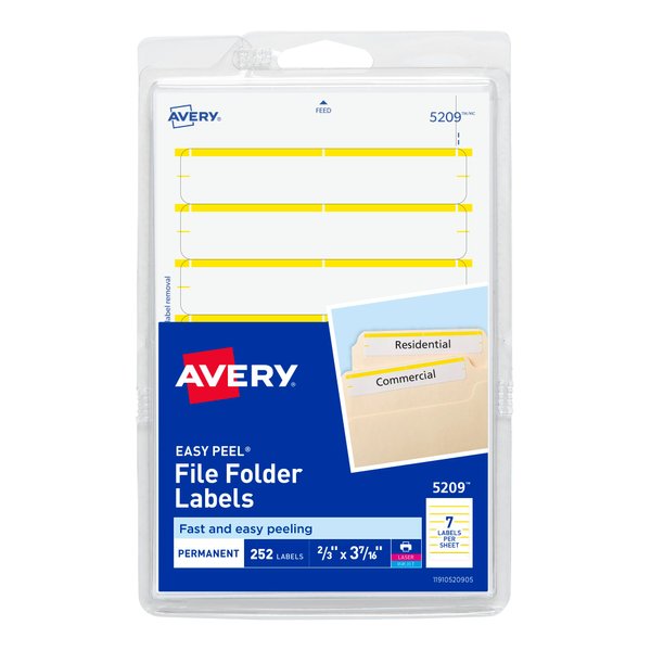 Avery File Folder Labels on 4" x 6" Sheets, Easy Peel, White/Yellow, Print or Write, 2/3" x 3-7/16", 252 Labels (5209)