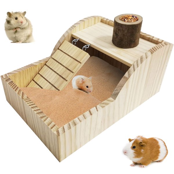 PINVNBY Hamster Sand Bath Box Wooden Shower Room Digging Sand Bathtub Container with Climbing Ladder Bowl Bathroom for Dwarf Syrian Mice Mouse Gerbils and Other Small Animals