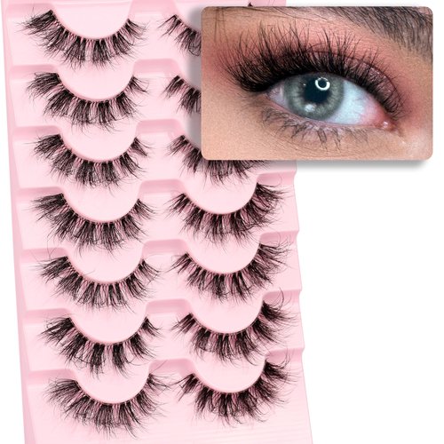 Himirell False Eyelashes Natural Look Lashes 6D Volume Clear Band Cat Eye Lashes Fluffy Wispy Fake Eyelashes Faux Mink C Curl Lashes 7 Pairs Pack