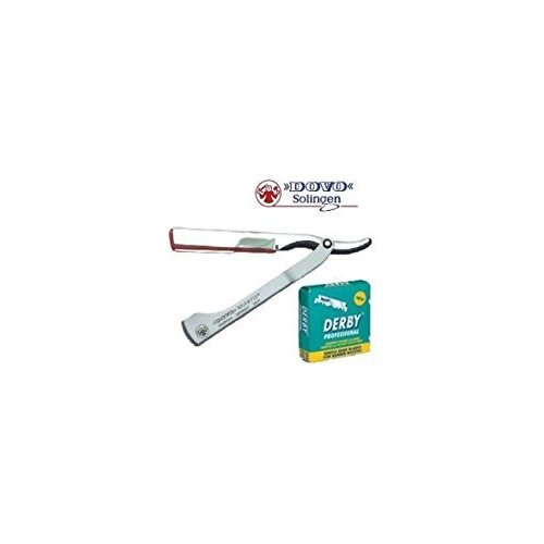 DOVO Shavette Steel Handle Straight Razor with Red Holder and FREE 100 DERBY Professional Single Edge Blades