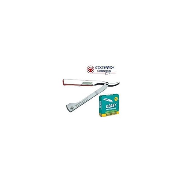 DOVO Shavette Steel Handle Straight Razor with Red Holder and FREE 100 DERBY Professional Single Edge Blades