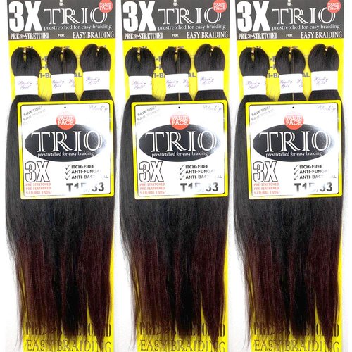 BNG 3X Pre-Stretched Braiding Hair, 28" Professional Itch Free Synthetic Fiber Kanekalon Braids Hair Extensions for Easy Braid, 3 PACKS (9 bundles), (#T1B/33 Off Black/Dark Auburn)