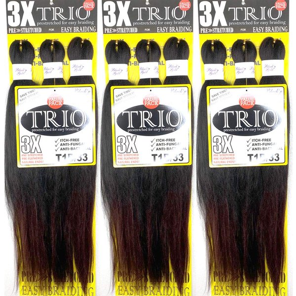 BNG 3X Pre-Stretched Braiding Hair, 28" Professional Itch Free Synthetic Fiber Kanekalon Braids Hair Extensions for Easy Braid, 3 PACKS (9 bundles), (#T1B/33 Off Black/Dark Auburn)