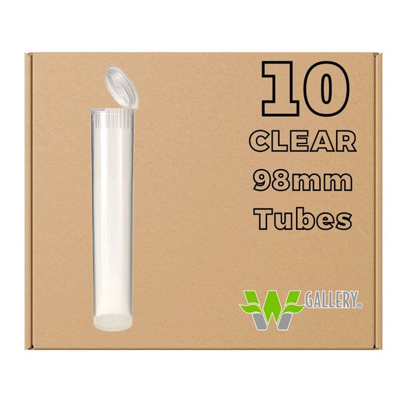 W Gallery 10 Clear 98mm Pop Top Tubes - Airtight Smell Proof Containers - Plastic Medical Grade Prescription Bottles for Pills Herbs Flowers Supplements, Bulk Pack, Not Glass Jars