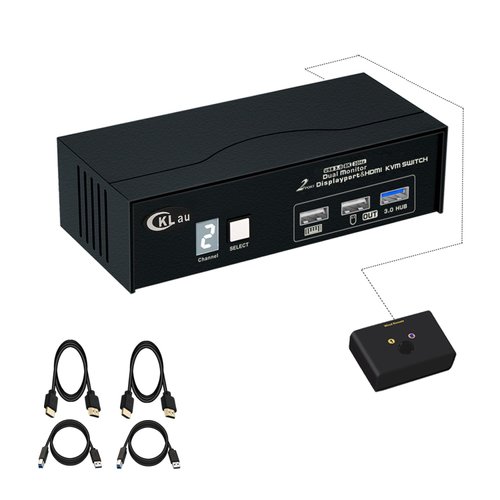 CKLau Displayport 1.4 + HDMI 2.1 2 Computers 2 Monitors Switch 8K30Hz 4K144Hz 2 in 2 Out with Cables, Digital Display, USB 3.0 Hub, Wired Remote Controller