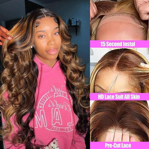 Beliself Ready to Wear Glueless Wig Human Hair Pre Plucked Pre Cut 5x5 HD Lace Closure Wigs Human Hair Body Wave Lace Front Wigs 180% Density 4/27 Ombre Highlight Honey Blonde Wig Human Hair 20 Inch