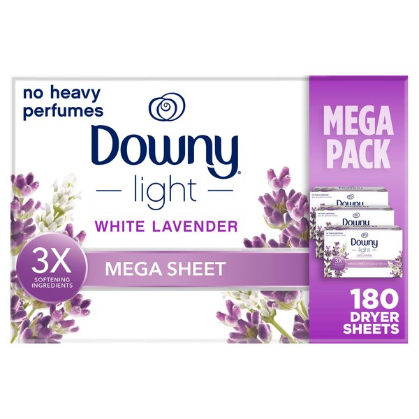 Downy Light Mega Dryer Sheets, Fabric Softener Dryer Sheets, White Lavender, 180 Count