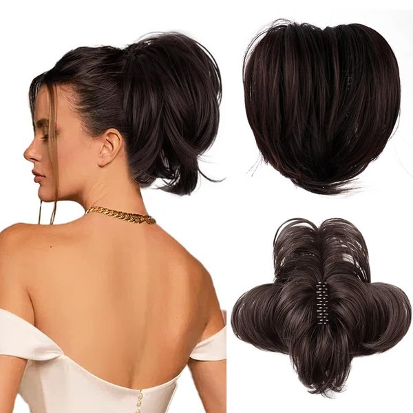 PORSMEER Messy Bun Hair Piece,Claw Clip in Short Straight Ponytail Extension with Bendable Metals Hairpieces for Women DIY Style Natural Looking Synthetic Fake Pony-Dark Brown,8 inch