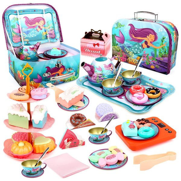 deAO Tea Party Set for Little Girls,48 PCS Princess Tea Time Mermaid Theme Tin Tea Set,Including Teapot,Cups, Dessert,Cookies and Carrying Case, Kitchen Pretend Play for Girls Kids Toys Gifts