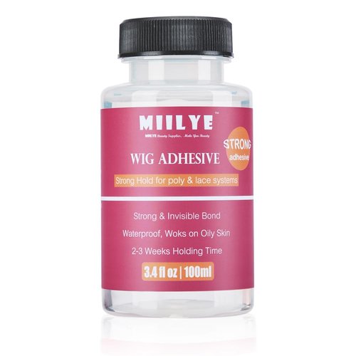 MIILYE Clear Wig Glue Pack, 100ml/ 3.4OZ Waterproof| Invisible Toupee Hair Bonding Glue, Strong Hold Acrylic Adhesive for Front Lace Wig, Pack of Lace Glue with Lace Melting Band, Brush and Wig Caps