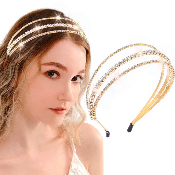 Firuilo Gold Rhinestones Headband Layered Crystal Hairband Sparkle Wedding Head Band Layering Bridal Hair Accessories for Women