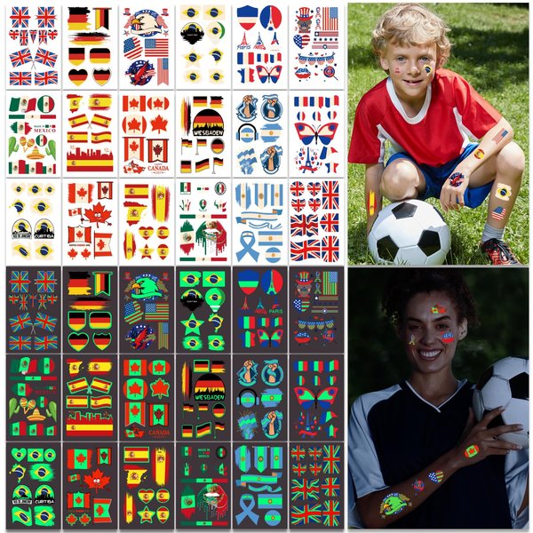 Glow In The Dark 9 Countries National Flag Temporary Tattoo, 36 Sheets American Canada Mexico Brazil Flag Fake Tattoos, Britain Germany France Italy Spain Flag Body Tattoos Stickers Party Supplies