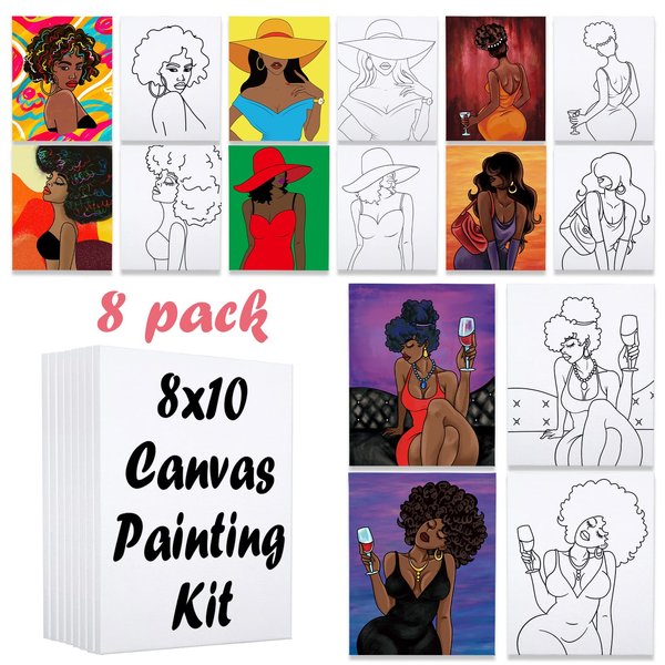 VOCHIC 8 Pack Canvas Painting Kits for Adults - 8x10 Pre-Drawn Stretched Canvases for Sip and Paint Parties - Painting Supplies for Beginner Artists