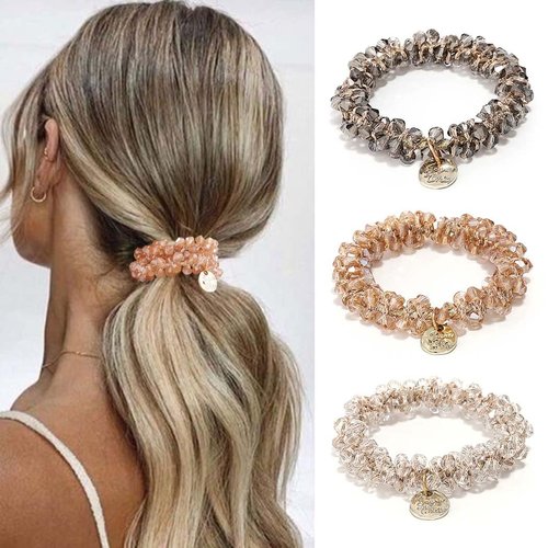 BARTOSI Rhinestone Hair Ties Crystal Elastic Hair Bands Champagne Ponytail Holder Stretchy Hair Accessories for Women and Girls (Pack of 3)