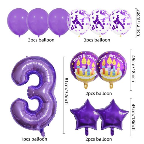 32 Inch 3 Balloon Number, Purple Balloons, Purple Confetti Latex Balloon Foil Balloons Mylar Balloons 3 Birthday Balloon for Anniversary Supplies Kids Birthday Party (Purple, 3)