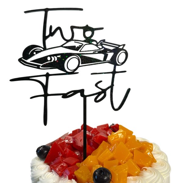Two Fast Cake Topper with Race Car – 2nd Birthday Decoration, Sparkly, Built-In Stick, Thick & Sturdy, Mess-Free & Reusable Cake Topper for Racing Theme Party (Black)