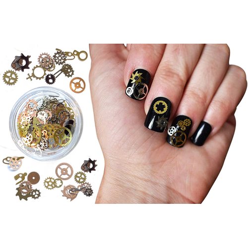 Steam Punk Encapsulated Nail Art Gear Cogs Nail Charms, 100 Pieces, Steampunk 3D Metal Decal Art Rose Gold and Silver or Tips, Acrylic, Gels and Decorations