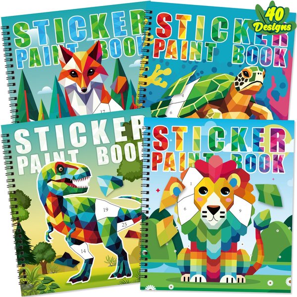 90shine 4PCS Crafts for Kids Ages 4-8 Sticker Paint Books Inclucdes Dinosaur Marine Land Animals Multicolored Design Gifts Create 40 Pictures