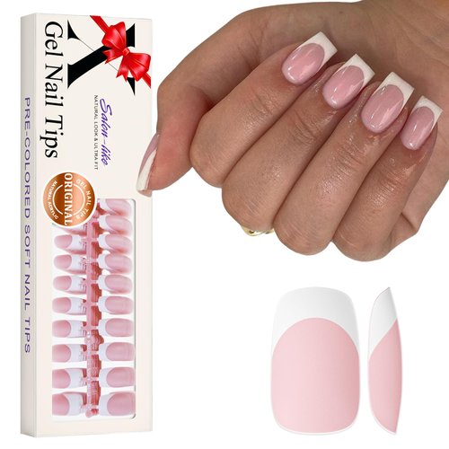 KQueenest Soft Gel French Nail Tips, 300 Pcs White French Tip Press on Nails Medium Short Square, Natural Nails Press ons, French Gel Nail Tip Kit, Pre-Applied Gel x Nails for Glue Nail Art,Pink