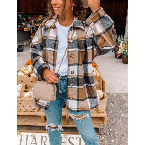 Yeokou Women's Fall Color Block Plaid Flannel Shacket Jacket Button Down Shirt Coat Tops(Khaki-M)