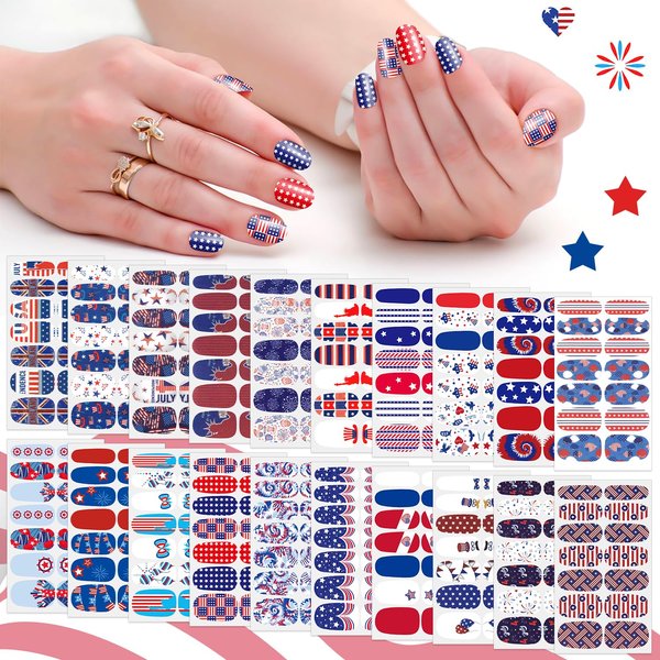 SILPECWEE 20 Sheets 4th of July Nail Polish Strips Independence Day Nail Wraps for Women Patriotic American Nail Polish Stickers Self Adhesive Fingernail Manicure Design with Nail File