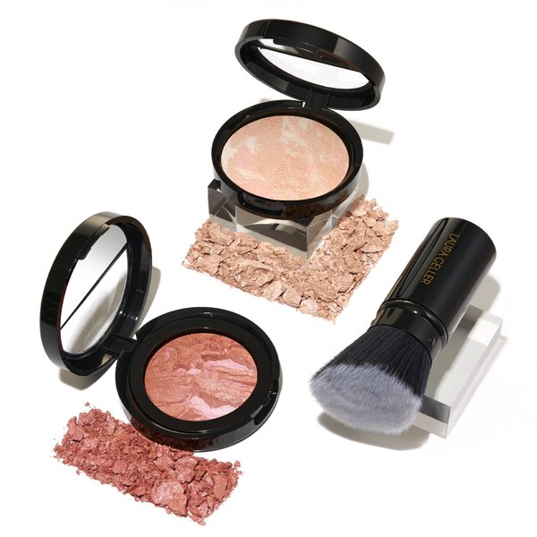 LAURA GELLER NEW YORK Baked Balance-N-Glow Illuminating Powder Foundation, Medium + Retractable Kabuki Brush + Baked Blush-N-Brighten, Pink Grapefruit