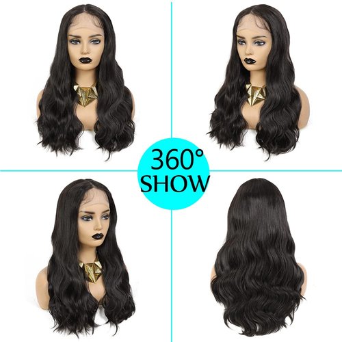 SOKU Body Wave Synthetic Lace Front Wigs 22 Inch Middle Part Wavy Wig With Baby Hair Dark Brown Glueless Hair Replacement Wigs for Gifts Heat Resistant Fiber
