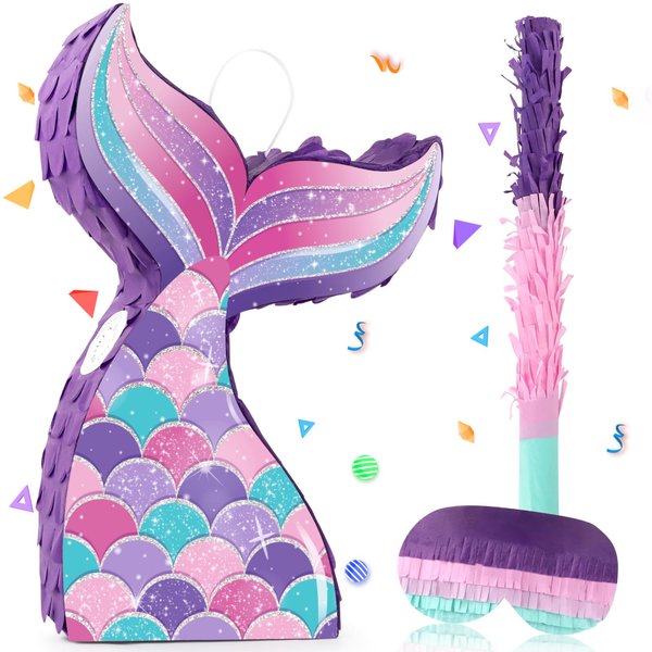 Mermaid Tail Pinata Glitter with Paper Can Stick and Eye Mask Mermaid Birthday Party Decoration Mermaid Pinata Game Girls Kids Carnival Underwater Ocean Theme Party Supplies (15"x9.8")