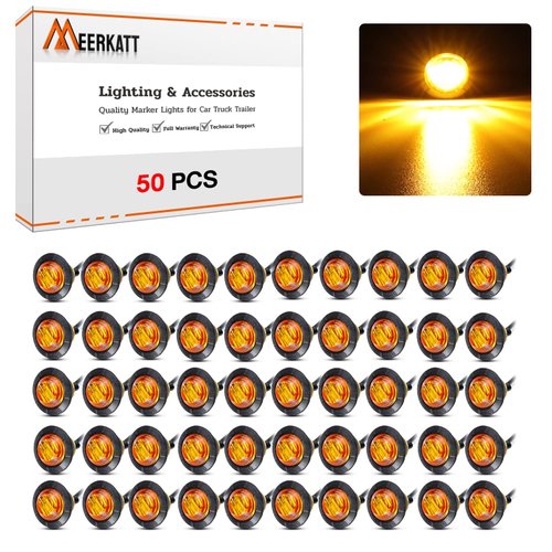 Meerkatt (Pack of 50 3/4 Inch Mini Round Amber LED Side Marker Turn Signal Light Clearance Lamp for Truck Trailer Marine Waterproof 12V DC with Rubber Grommets