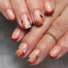 MISUD Fall Press on Nails Short Square Fake Nails Glossy Glue on Nails Brown French Tip Acrylic Nails Squoval Artificial Nails Autumn Flower Stick on False Nails with Design 24 pcs