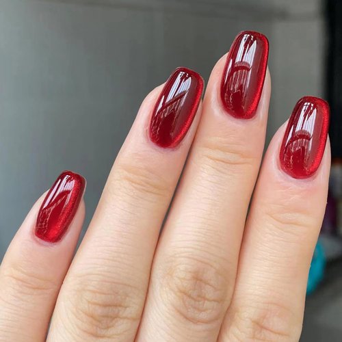 24Pcs Cat Eye Press on Nails Square Medium Fake Nails Red False Nails Glitter Full Cover Stick on Nails Artificial Acrylic Reusable Nail Design Glue on Nails for Women Girls Manicure Salon Decorations