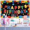 Ledander Birthday Banner Backdrop for Kids - 71 * 43in Happy Birthday Photography Background Party Decorations for Boys Girls, Building Blocks Theme Birthday Hanging Decoration Party Supplies (Black)