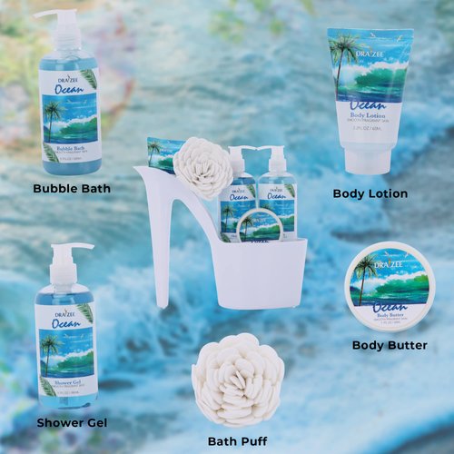 Gifts for Mom - Heel Shoe Spa Basket For Women Set of 2 Ocean and Cherry Blossom Scented Luxury Spa Baskets Set w/ Shower Gel, Bubble Bath, Puff, Butter & Lotion - Mother's Day Gifts Basket by Draizee