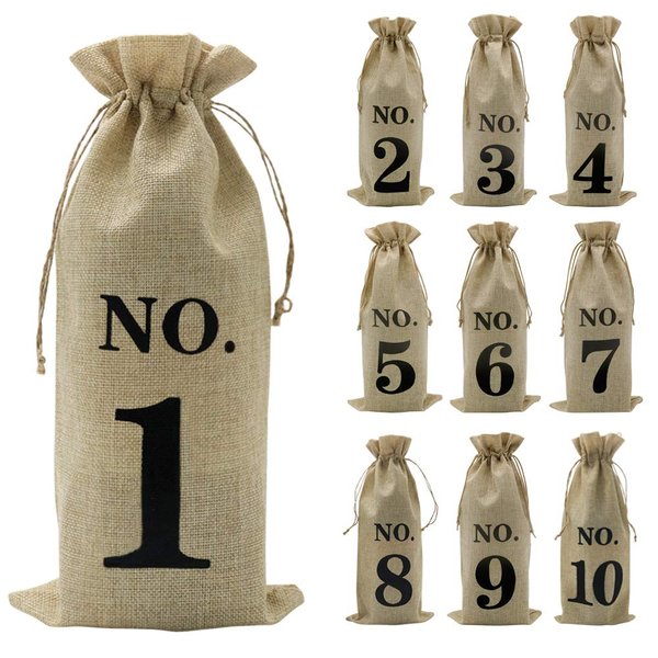 Shintop 10pcs Jute Wine Bags, 14 x 6 1/4 inches Hessian Numbered Wine Bottle Gift Bags with Drawstring for Blind Wine Tasting (Brown)