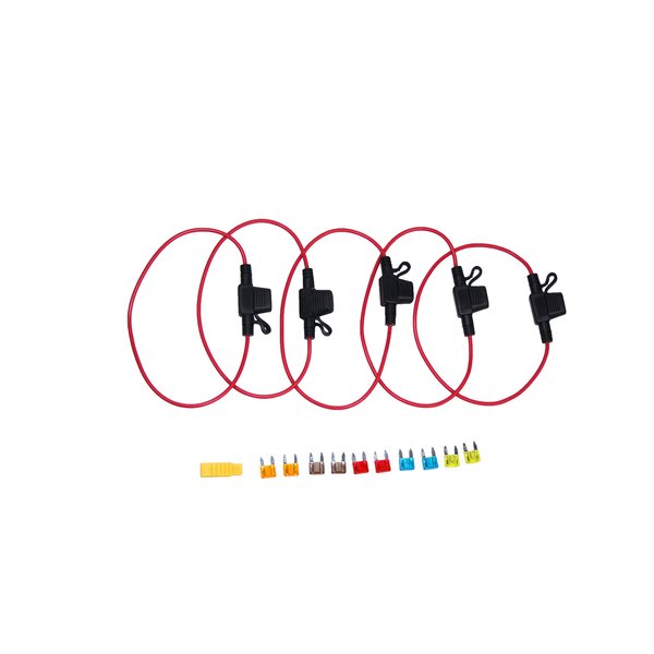 Car in line Fuse Holder 16AWG Cable with Built in Mini Spade Fuse, 5pcs of in line Fuse Holder 10pcs of Mini Spade fuses Selling Pack (5A,7.5A,10A,15A,20A Spare fuses2pcs Each)