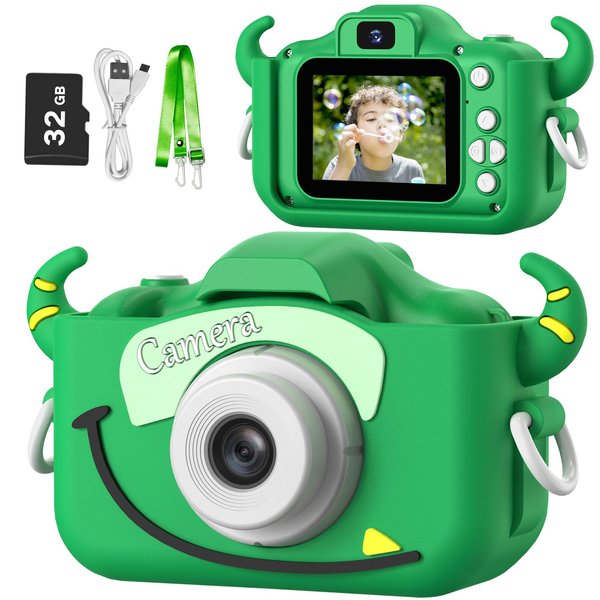 Goopow Kids Camera Toys for 3-8 Year Old Girls Boys,Children Digital Video Camcorder Camera with Cartoon Soft Cover, Best Chritmas Birthday Festival Gift for Kids - 32G SD Card Included (Green-NJ)