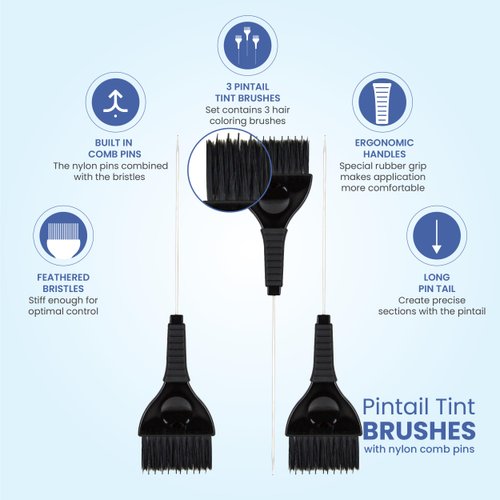 Pintail Hair Dye Brushes - 3 Tint Brushes with Built In Comb for Hair Color - Pin Tail for Precise Sectioning - Color Brushes for Hair Salon (Black)