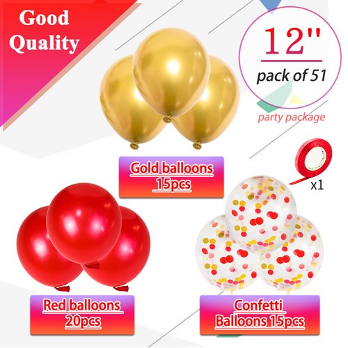 Red Gold Balloons 12 inch Royal Red Latex Balloon, Metallic Gold balloons, Red Gold Mix Confetti Balloon with 1 Ribbon for Birthday Wedding Baby Shower Party Decorations. 50 Pack